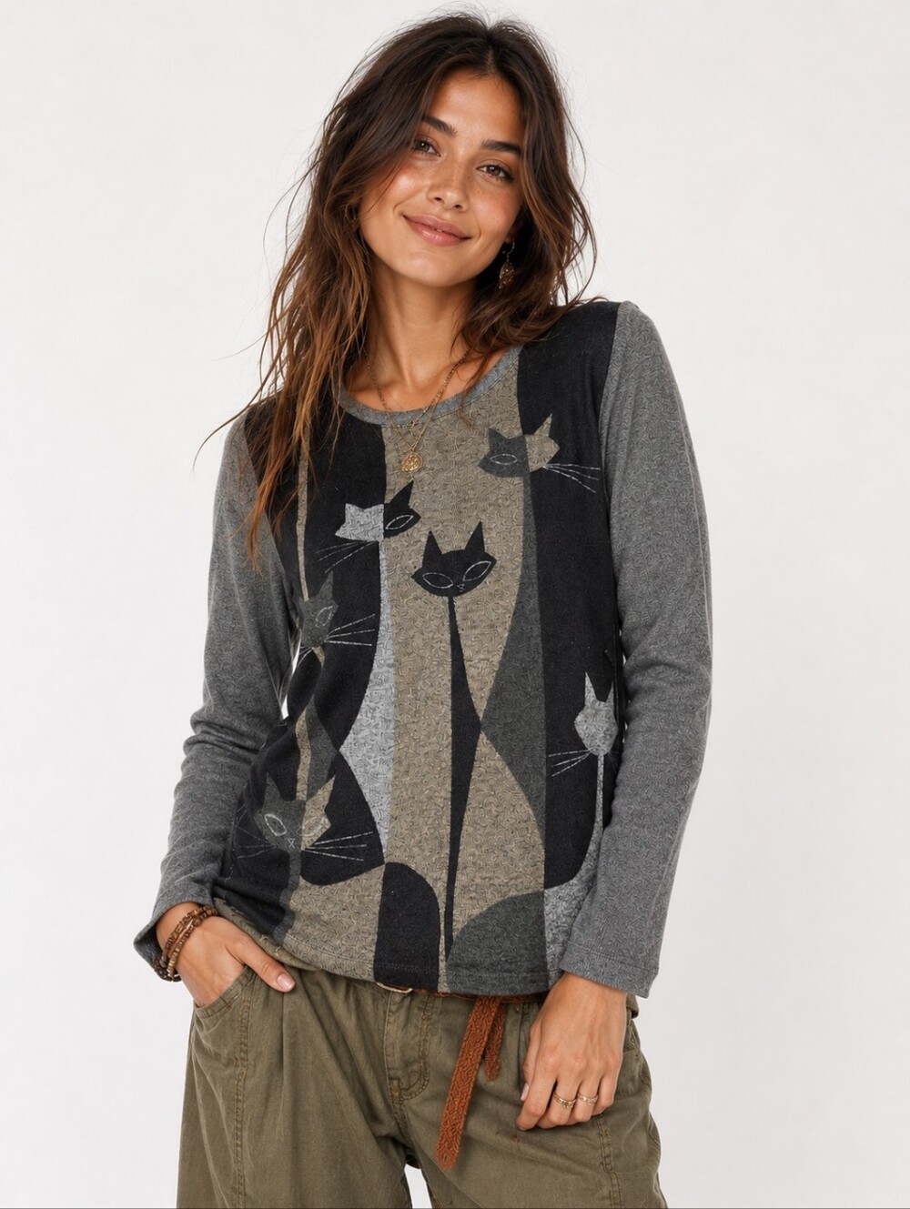 Tricotto Cat Print Art Boho Graphic Modern Gray Black Sweater Women's Large Soft